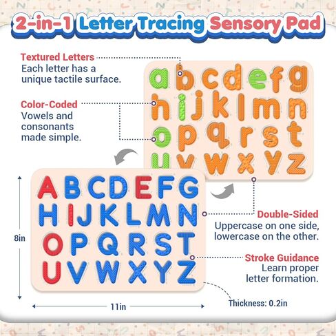 Sensory Silicone Letter Tracing Pad: Double-Sided Textured Sensory Toys for Learning Focus & Fine Motor, Quiet Travel Toy, Preschool Learning Activities, Educational Montessori Toys for Toddlers Kids in Saudi Arabia