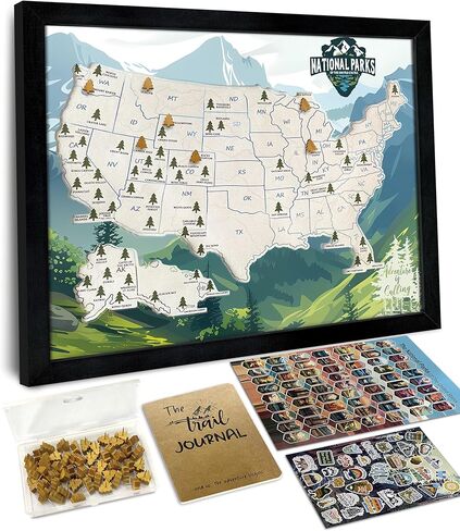 flinelife National Parks Map With Wooden Pine Tree Pins, 12X10, National Park Bucket List Cork Map, Perfect for National Parks Lovers, Hiker, Couples and Families Gift in Kuwait