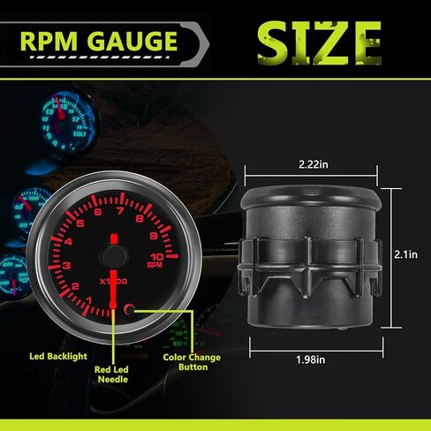 7 Color RPM Gauge, 10,000 RPM Tachometer Tach Gauge Kit 2-1/16" 52mm LED Backlight - Black Dial - Clear Lens - Accurately Displays The RPM of Vehicles with 1-10 Cylinder Gasoline Engines in Saudi Arabia