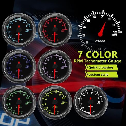7 Color RPM Gauge, 10,000 RPM Tachometer Tach Gauge Kit 2-1/16" 52mm LED Backlight - Black Dial - Clear Lens - Accurately Displays The RPM of Vehicles with 1-10 Cylinder Gasoline Engines in Saudi Arabia