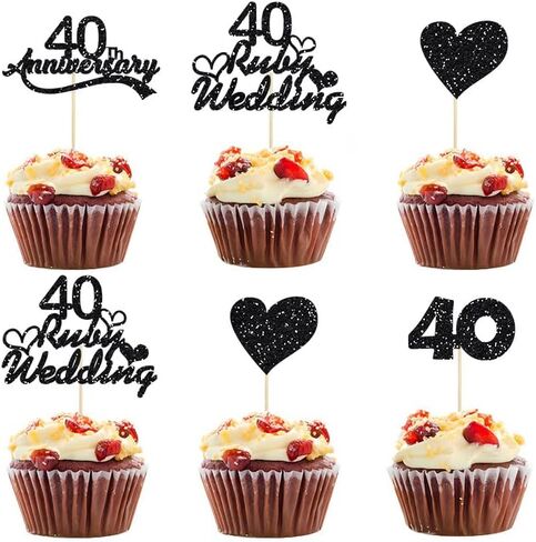 28Pcs 40 Ruby Wedding Cupcake Toppers Black Glitter Heart 40th Anniversary Wedding Anniversary Cake Decoration for Cheers to 40 Years Cake Decorations Party Supplies in Saudi Arabia