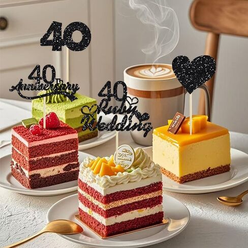 28Pcs 40 Ruby Wedding Cupcake Toppers Black Glitter Heart 40th Anniversary Wedding Anniversary Cake Decoration for Cheers to 40 Years Cake Decorations Party Supplies in Saudi Arabia