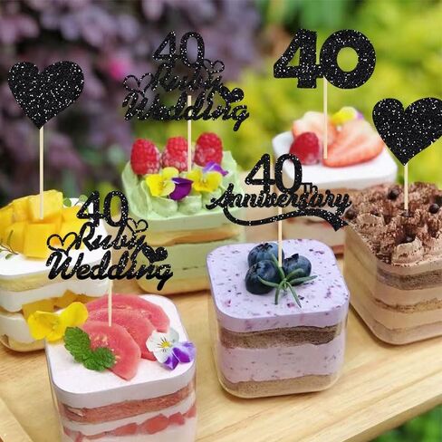 28Pcs 40 Ruby Wedding Cupcake Toppers Black Glitter Heart 40th Anniversary Wedding Anniversary Cake Decoration for Cheers to 40 Years Cake Decorations Party Supplies in Saudi Arabia