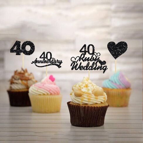 28Pcs 40 Ruby Wedding Cupcake Toppers Black Glitter Heart 40th Anniversary Wedding Anniversary Cake Decoration for Cheers to 40 Years Cake Decorations Party Supplies in Saudi Arabia