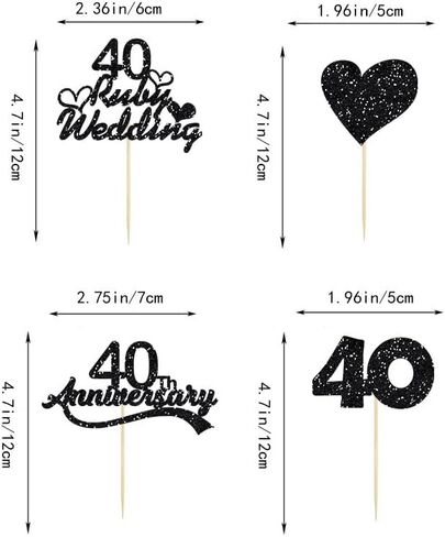 28Pcs 40 Ruby Wedding Cupcake Toppers Black Glitter Heart 40th Anniversary Wedding Anniversary Cake Decoration for Cheers to 40 Years Cake Decorations Party Supplies in Saudi Arabia