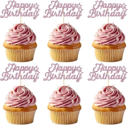24Pcs Pink Glitter Happy Birthday Cupcake Topper,Birthday Party Cake Decorations, Anniversary/Birthday Party Decoration Supplies in Kuwait