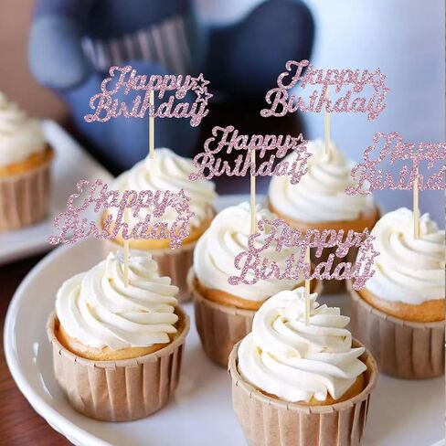 24Pcs Pink Glitter Happy Birthday Cupcake Topper,Birthday Party Cake Decorations, Anniversary/Birthday Party Decoration Supplies in Kuwait