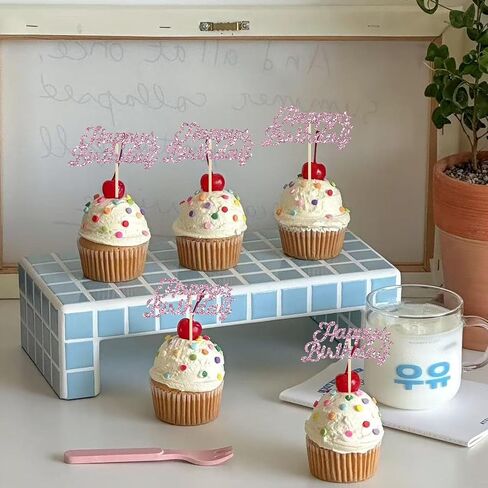 24Pcs Pink Glitter Happy Birthday Cupcake Topper,Birthday Party Cake Decorations, Anniversary/Birthday Party Decoration Supplies in Kuwait