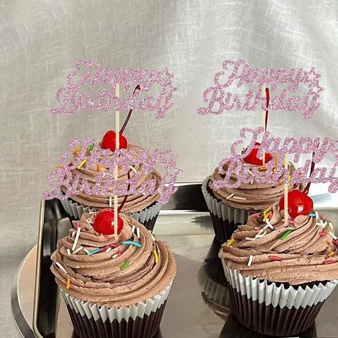 24Pcs Pink Glitter Happy Birthday Cupcake Topper,Birthday Party Cake Decorations, Anniversary/Birthday Party Decoration Supplies in Kuwait