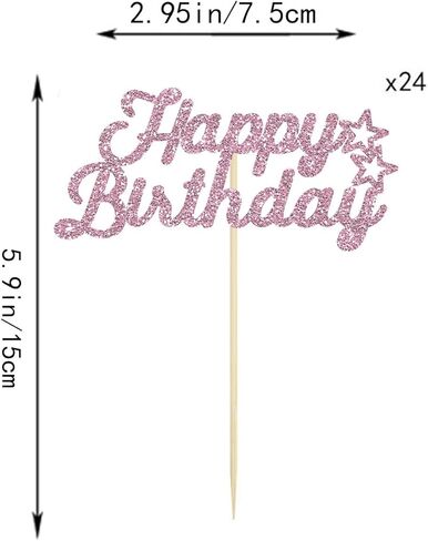 24Pcs Pink Glitter Happy Birthday Cupcake Topper,Birthday Party Cake Decorations, Anniversary/Birthday Party Decoration Supplies in Kuwait