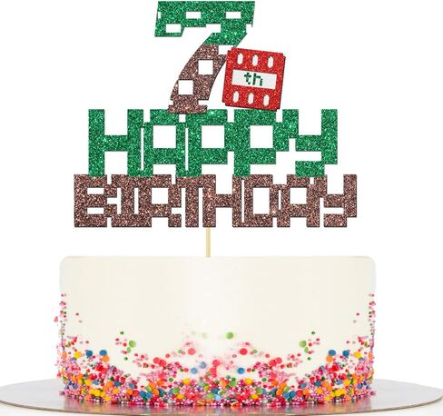 Pixel Happy 7th Birthday Cake Topper Happy Birthday Game Themed 7 Years Old Boys Girls Birthday Party Supplies Decoration Glitter Green Brown Pixel Style Cake Decorations in Saudi Arabia