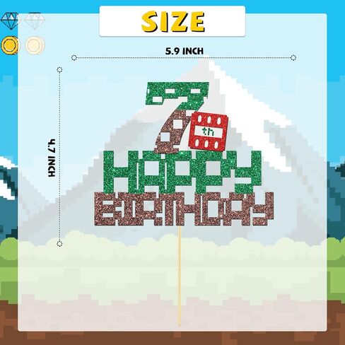 Pixel Happy 7th Birthday Cake Topper Happy Birthday Game Themed 7 Years Old Boys Girls Birthday Party Supplies Decoration Glitter Green Brown Pixel Style Cake Decorations in Saudi Arabia