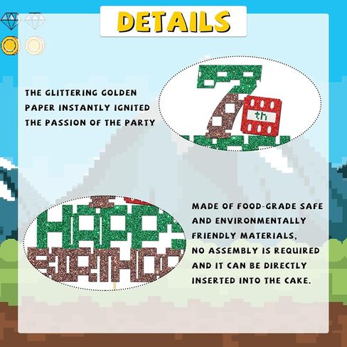 Pixel Happy 7th Birthday Cake Topper Happy Birthday Game Themed 7 Years Old Boys Girls Birthday Party Supplies Decoration Glitter Green Brown Pixel Style Cake Decorations in Saudi Arabia