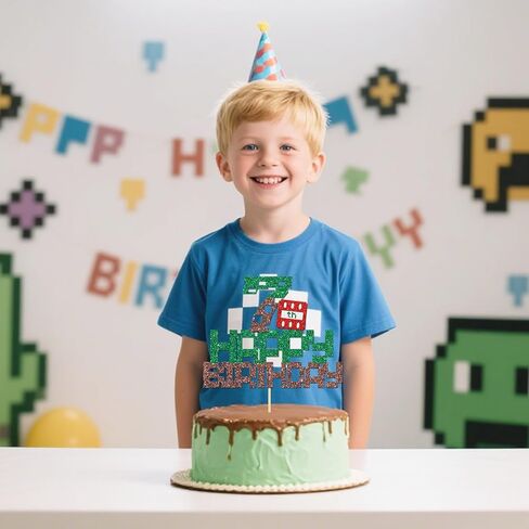 Pixel Happy 7th Birthday Cake Topper Happy Birthday Game Themed 7 Years Old Boys Girls Birthday Party Supplies Decoration Glitter Green Brown Pixel Style Cake Decorations in Saudi Arabia