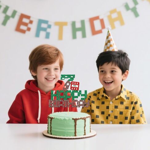 Pixel Happy 7th Birthday Cake Topper Happy Birthday Game Themed 7 Years Old Boys Girls Birthday Party Supplies Decoration Glitter Green Brown Pixel Style Cake Decorations in Saudi Arabia