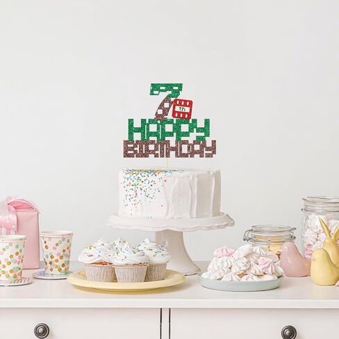 Pixel Happy 7th Birthday Cake Topper Happy Birthday Game Themed 7 Years Old Boys Girls Birthday Party Supplies Decoration Glitter Green Brown Pixel Style Cake Decorations in Saudi Arabia
