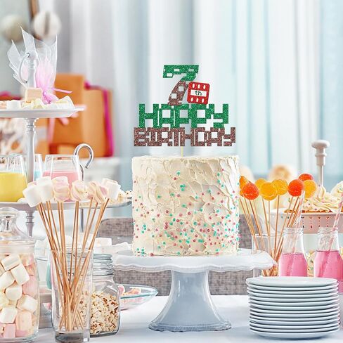 Pixel Happy 7th Birthday Cake Topper Happy Birthday Game Themed 7 Years Old Boys Girls Birthday Party Supplies Decoration Glitter Green Brown Pixel Style Cake Decorations in Saudi Arabia