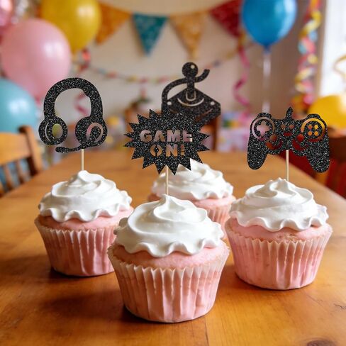 Video Game Cupcake Toppers Glitter Game On Theme Cake Pick for Boys Girls Birthday Party Supplies Game Fans Celebrations Decoration - 24 Pack in Kuwait