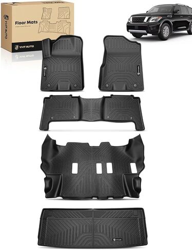 سجادات أرضية YHTAUTO وسجادة شحن متوافقة مع Nissan Armada 2017-2024 (8 مقاعد)، بطانات أرضية TPE للحماية من جميع الأحوال الجوية، تناسب مخصص، الصف الأول والثاني والثالث وسجادة صندوق السيارة، مجموعة من 5 in Kuwait
