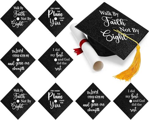 Knitgrip 8 Sheets Christian Graduation Grad Cap Topper 9 x 9 Inch Religious Bible Verse Inspirational Glitter Cap Topper Decorations with Adhesive Dots for DIY Graduation Party Gift (Black) in Kuwait