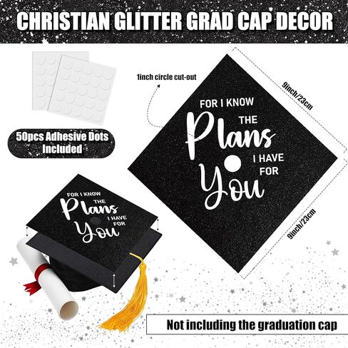 Knitgrip 8 Sheets Christian Graduation Grad Cap Topper 9 x 9 Inch Religious Bible Verse Inspirational Glitter Cap Topper Decorations with Adhesive Dots for DIY Graduation Party Gift (Black) in Kuwait