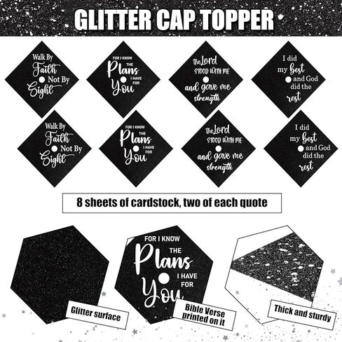 Knitgrip 8 Sheets Christian Graduation Grad Cap Topper 9 x 9 Inch Religious Bible Verse Inspirational Glitter Cap Topper Decorations with Adhesive Dots for DIY Graduation Party Gift (Black) in Kuwait
