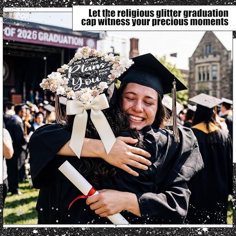 Knitgrip 8 Sheets Christian Graduation Grad Cap Topper 9 x 9 Inch Religious Bible Verse Inspirational Glitter Cap Topper Decorations with Adhesive Dots for DIY Graduation Party Gift (Black) in Kuwait