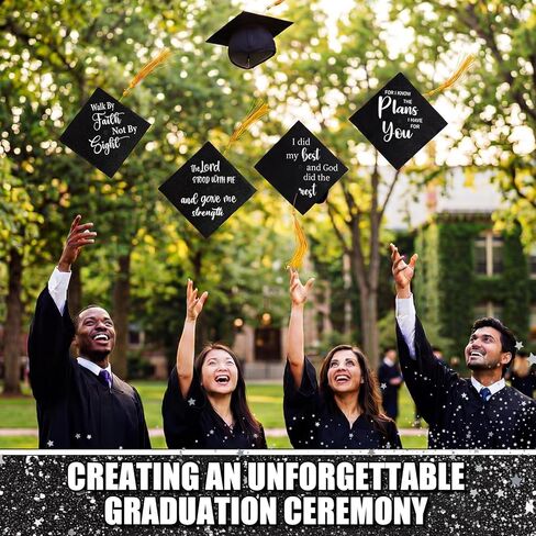 Knitgrip 8 Sheets Christian Graduation Grad Cap Topper 9 x 9 Inch Religious Bible Verse Inspirational Glitter Cap Topper Decorations with Adhesive Dots for DIY Graduation Party Gift (Black) in Kuwait