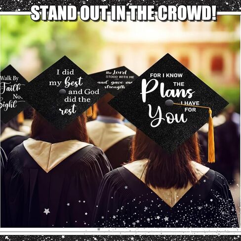 Knitgrip 8 Sheets Christian Graduation Grad Cap Topper 9 x 9 Inch Religious Bible Verse Inspirational Glitter Cap Topper Decorations with Adhesive Dots for DIY Graduation Party Gift (Black) in Kuwait
