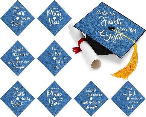 Knitgrip 8 Sheets Christian Graduation Grad Cap Topper 9 x 9 Inch Religious Bible Verse Inspirational Glitter Cap Topper Decorations with Adhesive Dots for DIY Graduation Party Gift (Black) in Kuwait