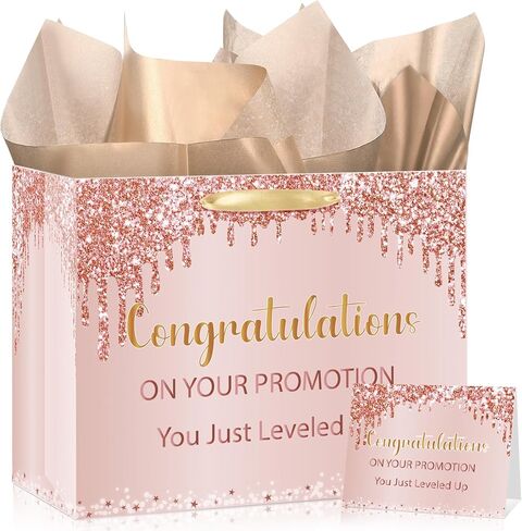 Rose Gold Promotion Gift Bag with Wrapping Tissue Paper Greeting Card Congratulation On Your Promotion Gifts Set for Her Coworkers Boss Getting Promoted Party Decorations Funny Coworker Leaving Going Away in Kuwait
