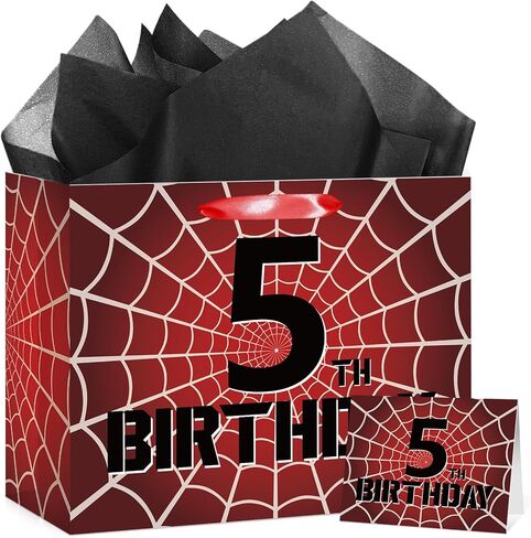 MOORIIY Spider 3rd Birthday Gift Bag with Card and Wrapping Paper, Spider 3rd Birthday Wrapping Paper Bag for Boys Red Black 3 Years Old Spider Web Bdy Decorations Supplies 11.8 x 9.4 x 5.3 inches in Saudi Arabia