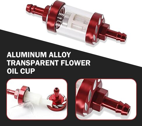 Car Fuel Filter, In-line Tempered Glass Transparent Structure High Efficiency Filter for Small Engine, Alloy CNC Modified Removable and Cleanable Oil Cup, for Most Motorcycles SUVs ATVs (Red) in Saudi Arabia