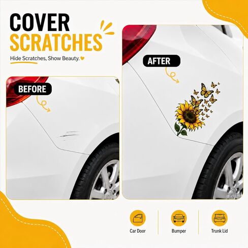 Sunflower Butterfly Car Stickers, Yellow Floral Butterfly Car Decals Made of Automotive Grade Vinyl for Cars, Trucks, SUVs, Windows and Bumpers, Car Decor for Women Girls, Helps Cover Scratches (B) in Saudi Arabia