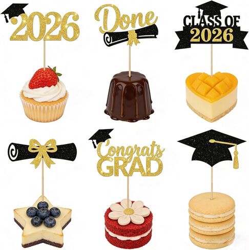 24PCS Graduation Cupcake Toppers,2026 Congrats Grad Cake Topper,Glitter Gold Black Cap and Diploma Cake Picks,Class of 2026 Dessert Decorations for Graduation Party Supplies Table Decor,6 Styles in Saudi Arabia