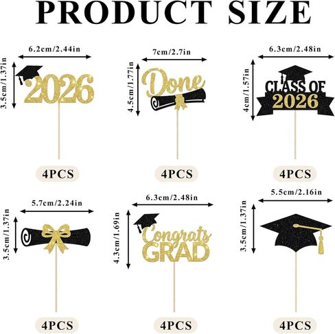 24PCS Graduation Cupcake Toppers,2026 Congrats Grad Cake Topper,Glitter Gold Black Cap and Diploma Cake Picks,Class of 2026 Dessert Decorations for Graduation Party Supplies Table Decor,6 Styles in Saudi Arabia
