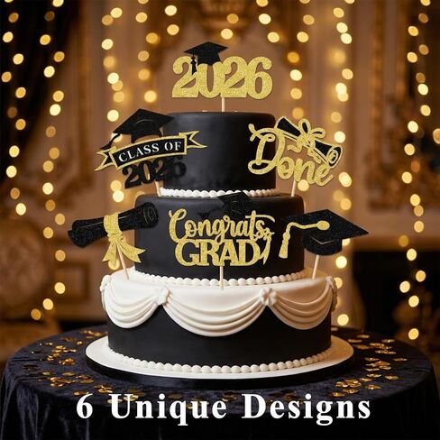 24PCS Graduation Cupcake Toppers,2026 Congrats Grad Cake Topper,Glitter Gold Black Cap and Diploma Cake Picks,Class of 2026 Dessert Decorations for Graduation Party Supplies Table Decor,6 Styles in Saudi Arabia