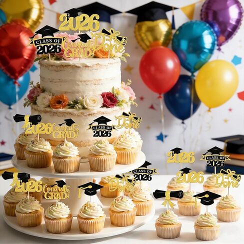 24PCS Graduation Cupcake Toppers,2026 Congrats Grad Cake Topper,Glitter Gold Black Cap and Diploma Cake Picks,Class of 2026 Dessert Decorations for Graduation Party Supplies Table Decor,6 Styles in Saudi Arabia