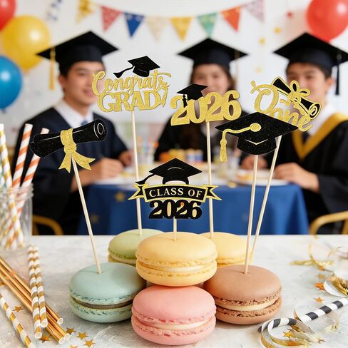 24PCS Graduation Cupcake Toppers,2026 Congrats Grad Cake Topper,Glitter Gold Black Cap and Diploma Cake Picks,Class of 2026 Dessert Decorations for Graduation Party Supplies Table Decor,6 Styles in Saudi Arabia