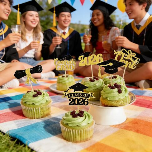 24PCS Graduation Cupcake Toppers,2026 Congrats Grad Cake Topper,Glitter Gold Black Cap and Diploma Cake Picks,Class of 2026 Dessert Decorations for Graduation Party Supplies Table Decor,6 Styles in Saudi Arabia