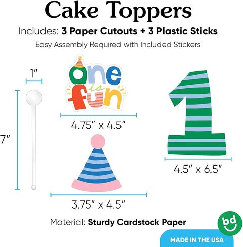 Big Dot of Happiness One is Fun 1st Birthday Cake Topper Set, Colorful Smash Cake Dessert Decorations, First Birthday Party Supplies – 3 Count in Kuwait