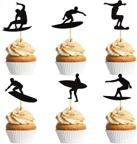 24PCS Surfing Cupcake Toppers Summer Surfboard Sport Cake Toppers Decoration for Summer Beach Surfing Theme Birthday Party Cake Supplies Black in Saudi Arabia