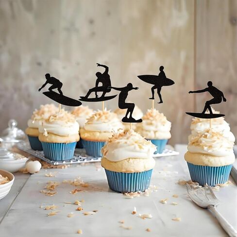 24PCS Surfing Cupcake Toppers Summer Surfboard Sport Cake Toppers Decoration for Summer Beach Surfing Theme Birthday Party Cake Supplies Black in Saudi Arabia