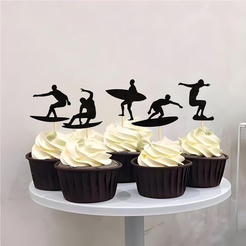 24PCS Surfing Cupcake Toppers Summer Surfboard Sport Cake Toppers Decoration for Summer Beach Surfing Theme Birthday Party Cake Supplies Black in Saudi Arabia