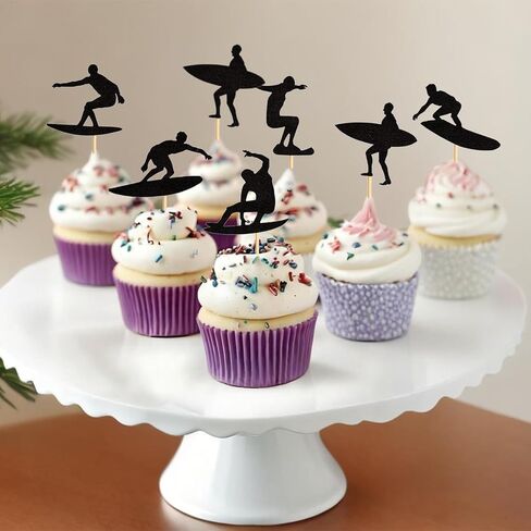 24PCS Surfing Cupcake Toppers Summer Surfboard Sport Cake Toppers Decoration for Summer Beach Surfing Theme Birthday Party Cake Supplies Black in Saudi Arabia
