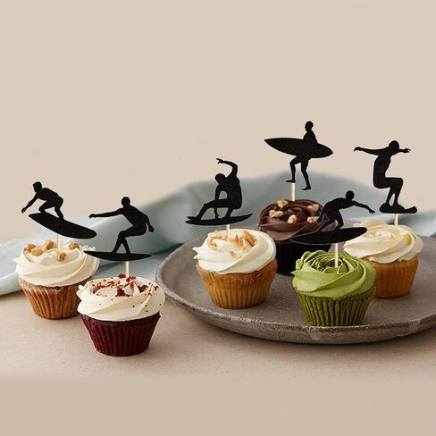 24PCS Surfing Cupcake Toppers Summer Surfboard Sport Cake Toppers Decoration for Summer Beach Surfing Theme Birthday Party Cake Supplies Black in Saudi Arabia