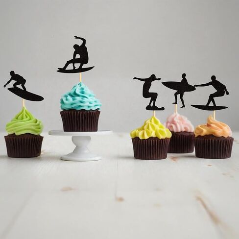 24PCS Surfing Cupcake Toppers Summer Surfboard Sport Cake Toppers Decoration for Summer Beach Surfing Theme Birthday Party Cake Supplies Black in Saudi Arabia