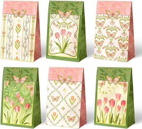 NICROHOME EUR Floral Gift Bags with Butterfly Stickers, 24 Pack Small Kraft Paper Bags Green Pink Tulip Design, Party Favors Bags Bulk for Girls Women Birthday Baby Shower Mothers Day Gift Packing in Saudi Arabia