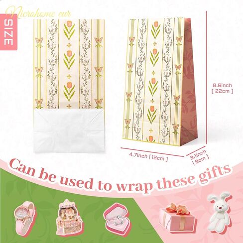 NICROHOME EUR Floral Gift Bags with Butterfly Stickers, 24 Pack Small Kraft Paper Bags Green Pink Tulip Design, Party Favors Bags Bulk for Girls Women Birthday Baby Shower Mothers Day Gift Packing in Saudi Arabia