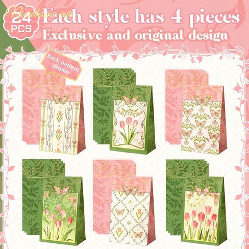 NICROHOME EUR Floral Gift Bags with Butterfly Stickers, 24 Pack Small Kraft Paper Bags Green Pink Tulip Design, Party Favors Bags Bulk for Girls Women Birthday Baby Shower Mothers Day Gift Packing in Saudi Arabia